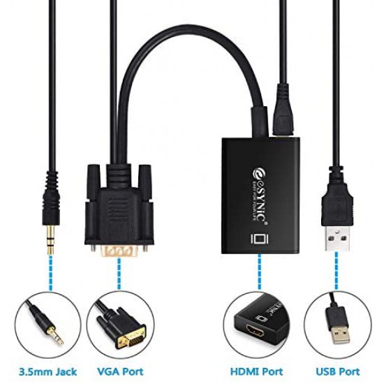 eSynic VGA to HDMI Converters 1080P VGA Converter to HDMI PC VGA Male to HDMI Female Video Converter Adapter Cable + 3.5mm Audio with USB Power Cable for HD HDTV TV AV DVD Laptop