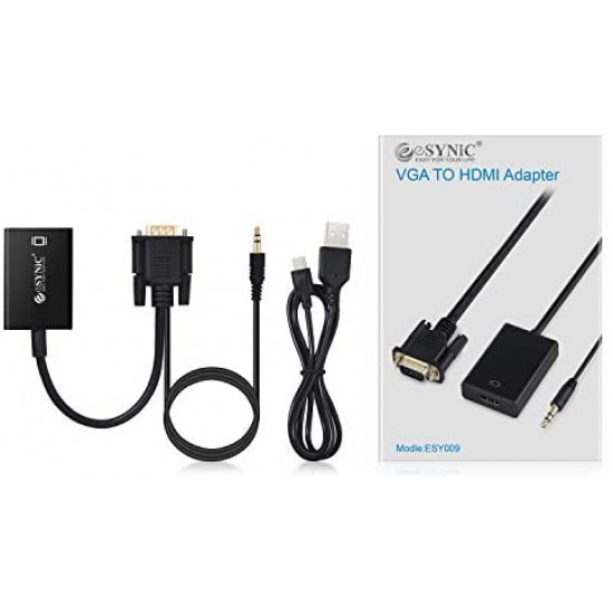 eSynic VGA to HDMI Converters 1080P VGA Converter to HDMI PC VGA Male to HDMI Female Video Converter Adapter Cable + 3.5mm Audio with USB Power Cable for HD HDTV TV AV DVD Laptop