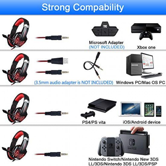 G9000 Stereo Gaming Headset for PS4, PC, Xbox One Controller, Noise Cancelling Over Ear Headphones with Mic, LED Light, Bass Surround, Soft Memory Earmuffs for Laptop Mac Nintendo Switch Games