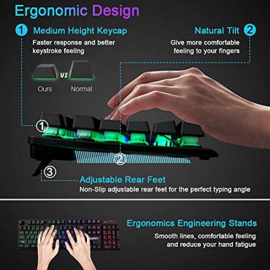 NPET K10 Gaming Keyboard USB Wired Floating Keyboard, Quiet Ergonomic Water-Resistant Mechanical Feeling Keyboard, Ultra-Slim Rainbow LED Backlit Keyboard for Desktop, Computer, PC