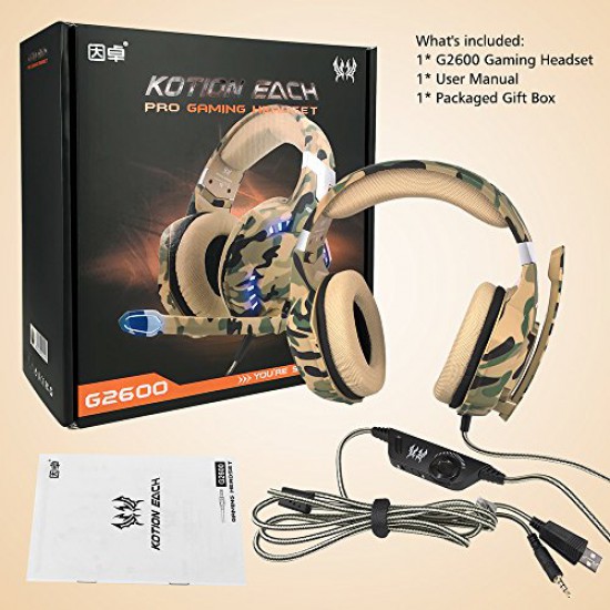 VersionTech Stereo Gaming Headset for PS4 Xbox One, Professional 3.5mm Over Ear Headphones with Mic and Volume Control, Stunning LED Lights for Laptop PC Mac iPad and Smart Phones -Camouflage