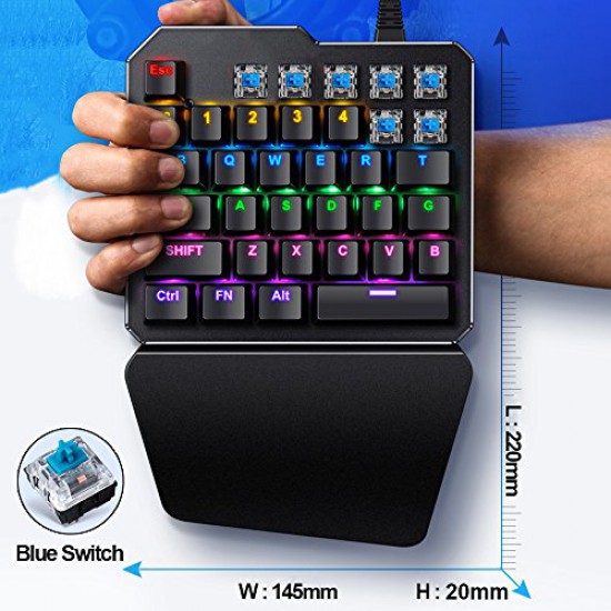 LexonElec Wired Gaming Keyboard RS-7 35 Keys 7 Rainbow Breathing LED Backlit USB Ergonomic Pro Gamer Single-Hand Control Mechanical Keypad for PC Laptop Computer, Blue Switch