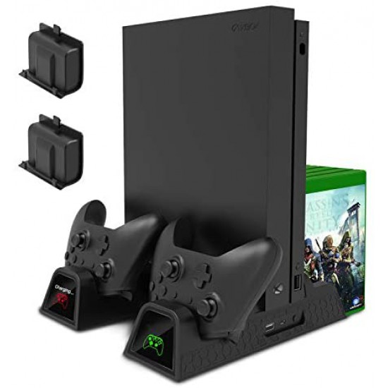 Charging Stand for Xbox One/Xbox One S/Xbox One X Console and Controllers, Vertical Cooling Stand Accessories with 2 Cooling Fans,600 mAh Batteries 2 Pack,LED Indicators and Games Storage