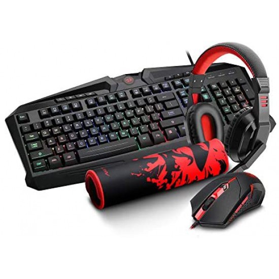 Redragon S101 Wired Gaming Keyboard and Mouse Combo RGB Backlit Gaming Keyboard with Multimedia Keys Wrist Rest and Red Backlit Gaming Mouse 3200 DPI for Windows PC Gamers - Black ( 4 in 1 Bundle )