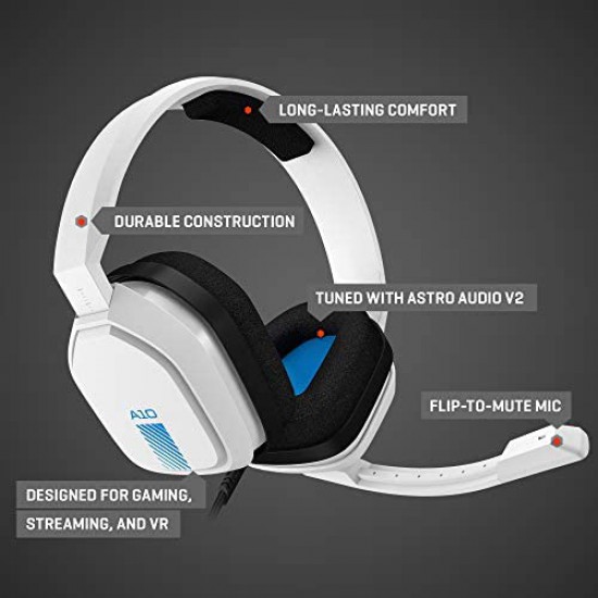 ASTRO Gaming A10 Wired Gaming Headset, Damage Resistant, ASTRO Audio, Dolby ATMOS, 3.5mm Audio Jack, Xbox Series X|S, Xbox One, PS5, PS4, Switch, PC, Mac, Mobile - White/Blue