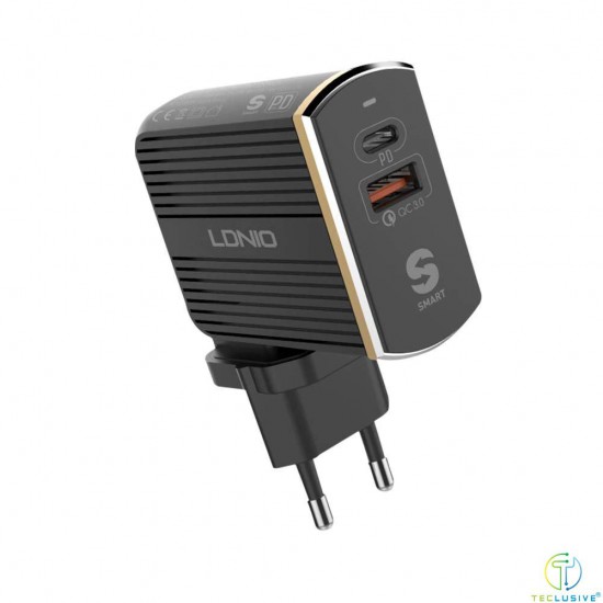 TECLUSIVE Ldnio PD + QC 3.0 High Speed 36W Multi Port Mobile Wall Charger || Type C PD Fast Charger Dual Port Travel Adapter with Type-C Cable