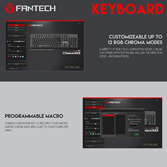 MAXPOW FANTECH MVP862 Commander Macro RGB Mechanical Pro Gaming Keyboard and Mouse Combo, All Keys Anti Ghost, 104 Keys Full Size, Windows Key Lock, Lighting Effects, 6D, 5M, 4800DPI, 1000Hz