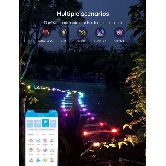 GOVEE ALLURE OUTDOOR GROUND LIGHTS, RGBIC 10M PATHWAY LIGHTS, IP67 WATERPROOF, MULTI-COLOR 15 PACK GARDEN LAWN LIGHTS WORK WITH ALEXA, WIFI AND BLUETOOTH CONTROL, MUSIC MODE, DECOR FOR PATIO, YARD, LAWN Model H7050