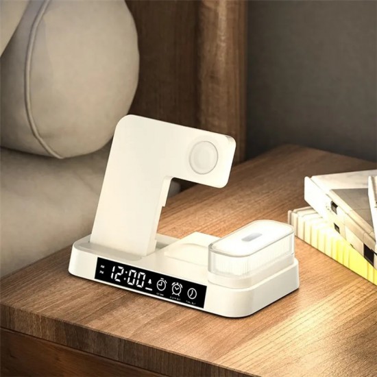 A37 3-in-1 Foldable Wireless Charge Station 15W for iPhone / AirPods with Night Light Clock - White