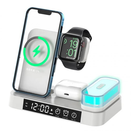 A37 3-in-1 Foldable Wireless Charge Station 15W for iPhone / AirPods with Night Light Clock - White