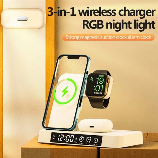 A37 3-in-1 Foldable Wireless Charge Station 15W for iPhone / AirPods with Night Light Clock - Black