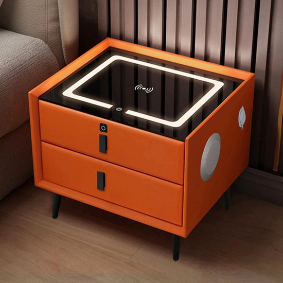Smart Bedside Table with Wireless USB Charging and Speaker (Orange)
