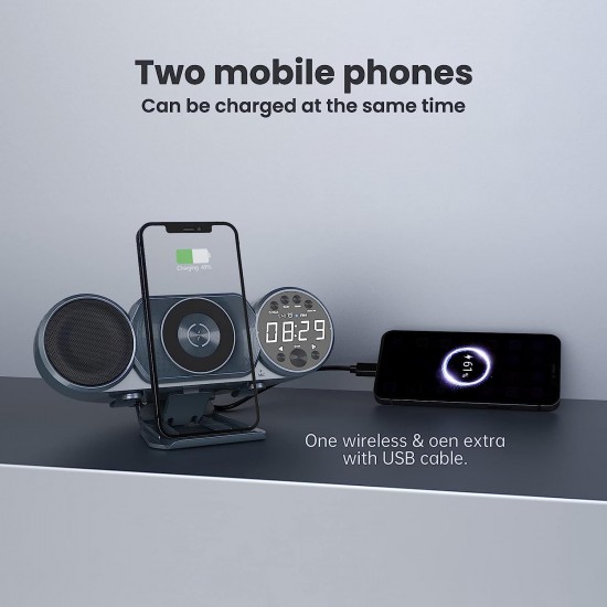 Wireless Charging With Clock And Speaker (WD-100, Metallic Blue)