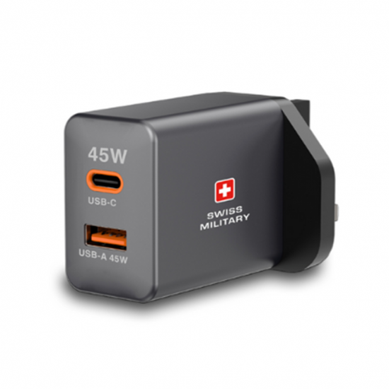Swiss Military 45W Gan Super Wall Charger + USB-A to USB-C Cable (2 Meter)