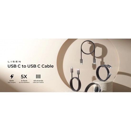 Lisen USB-C to USB-C Braided Cable (5 Pack, Black)