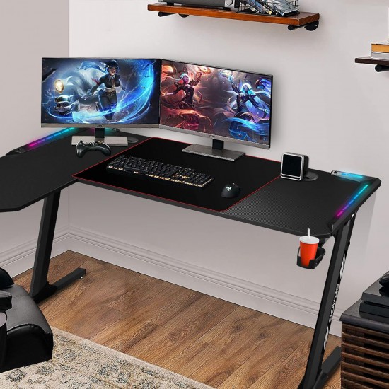L1-160 L Shaped RGB Gaming Table With Wireless Charging And USB Hub (Black)