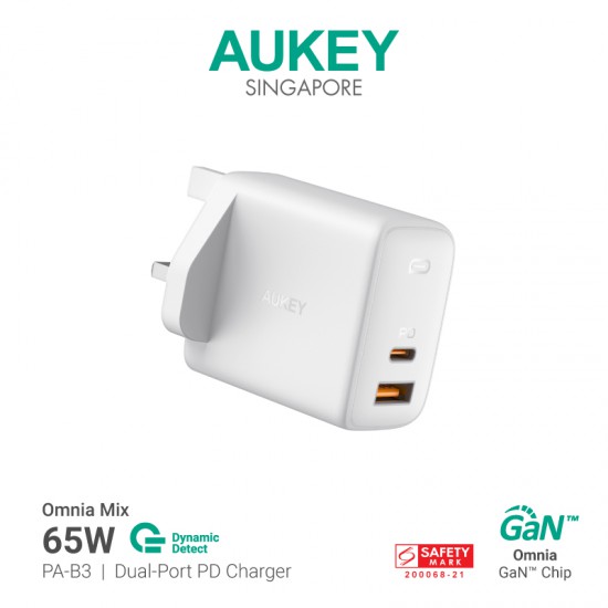 Aukey Omnia Duo 65W Dual-Port PD Charger with Dynamic Detect-PA-B4- White