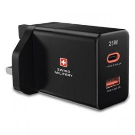 Swiss Military Power Station 25w USB-C PD 3A & USB-A QC 3A Charger - Black