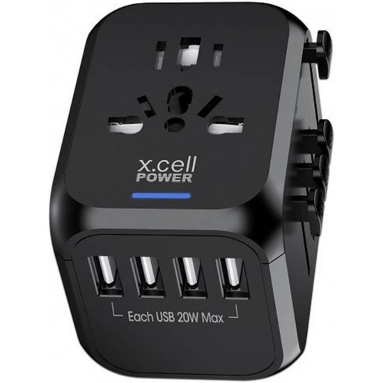 X.cell International Travel Charger, 20W Output Power, 4x Fast Charging, 150+ Countries Compatible, 4 Distinct Adapter and Plugs, 2.4 Amp On Each USB Slot, Black | ITC-110