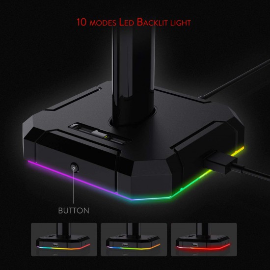 Redragon HA300 Scepter Pro Headset Stand, RGB Backlit Gaming Headphone Stand with Aluminum Supporting Bar, Non-Slip Solid Rubber Base and 4X USB 2.0 Ports for All Headphones