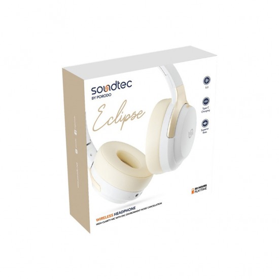 Porodo Soundtec Eclipse Wireless Headphone High-Clarity Mic With ENC Environment Noise Cancellation (White & Gold)