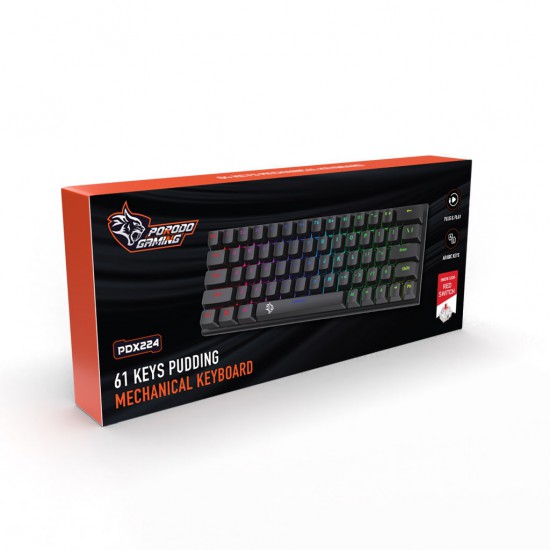 Porodo Gaming 61 Keys Pudding Mechanical Keyboard PDX224 (Red Switch, Black)