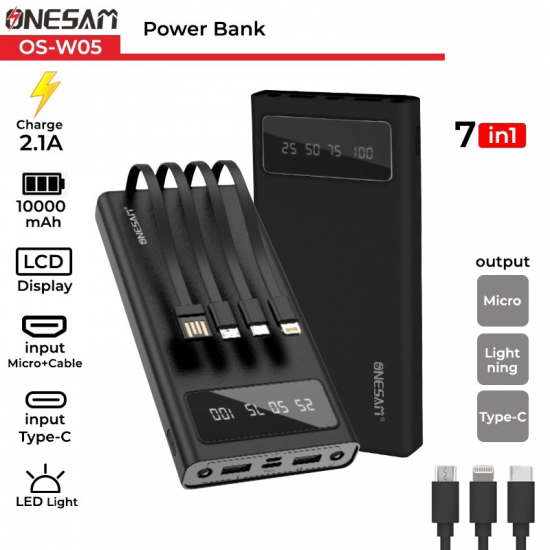 ONESAM Power Bank Model OS-W05 Capacity 10000 mAh 7in1 Charger 2.1A LCD Display with Flashlight Battery Backup