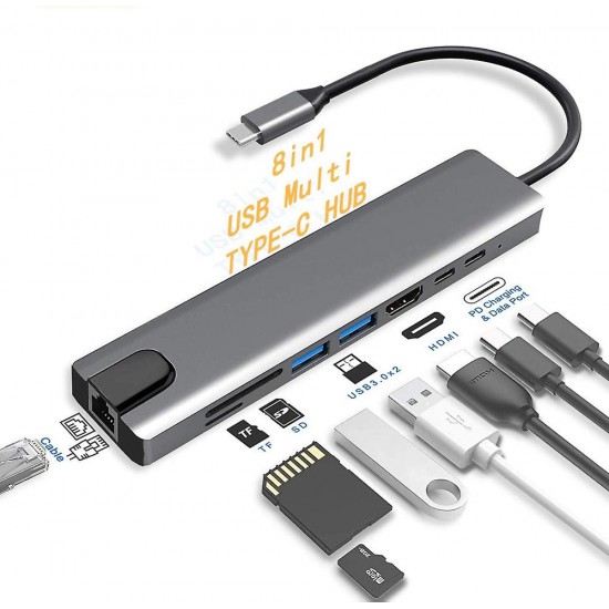 8 In 1 USB-C Hub Multi-port Aluminum Type-C Adapter With 4k Hdmi Usb 2.0 Port Usb 3.0 Port