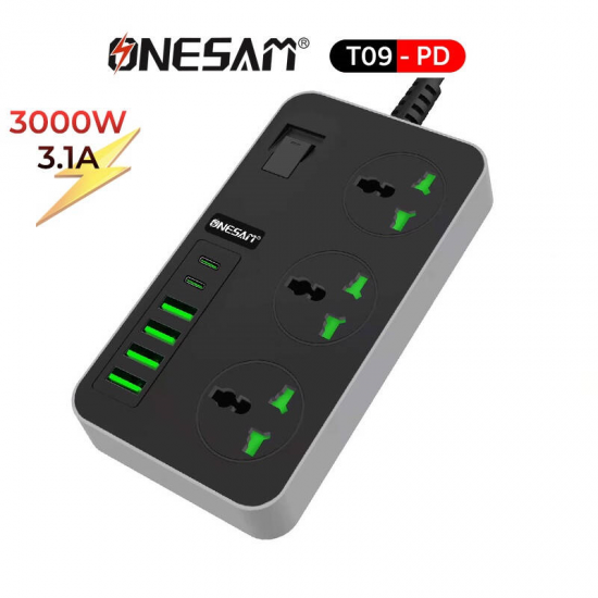 ONESAM power plug, model T09-PD, 3 sockets, 3.1A 3000W PD, 2 USB ports, 4 ports USB 2 TYPE C ( 5, Meter)