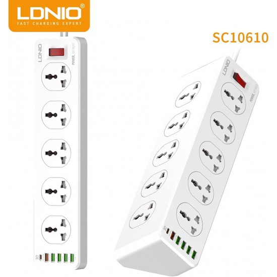 JBQ SC10610 2500W Power Strip Surge Protector with 10 AC Outlets and 5 USB-A & 1 USB-C Charging Ports 2m long extension cord for Home & Office - White