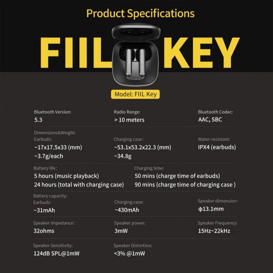 FIIL Key Ture Wireless Earbuds Bluetooth 5.3 Low Latency TWS In-Ear Headphones (Black)