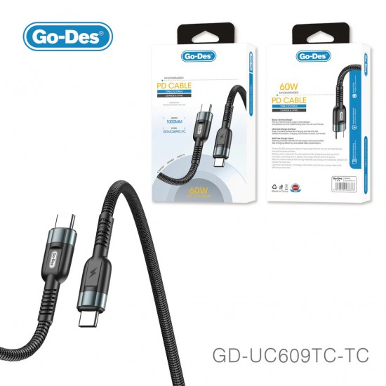 Go-Des USB-C to USB-C Cable (1m/3.3ft Braided Black, GD-UC609 TC-TC)