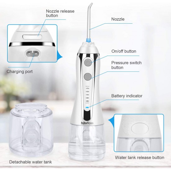 H2ofloss Cordless Water Dental Flosser, Portable Oral Irrigator for Teeth, Braces, Rechargeable & IPX7 Waterproof Teeth Cleaner for Home Travel (WHITE)