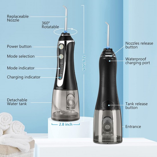 H2ofloss Cordless Water Dental Flosser, Portable Oral Irrigator For Teeth, Braces, Rechargeable & IPX7 Waterproof Teeth Cleaner For Home Travel (BLACK)