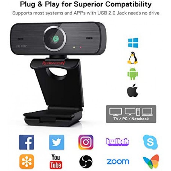 Redragon GW800 1080P Webcam with Built-in Dual Microphone, 360-Degree Rotation - 2.0 USB Skype Computer Web Camera - 30 FPS for Online Courses, Video Conferencing and Streaming