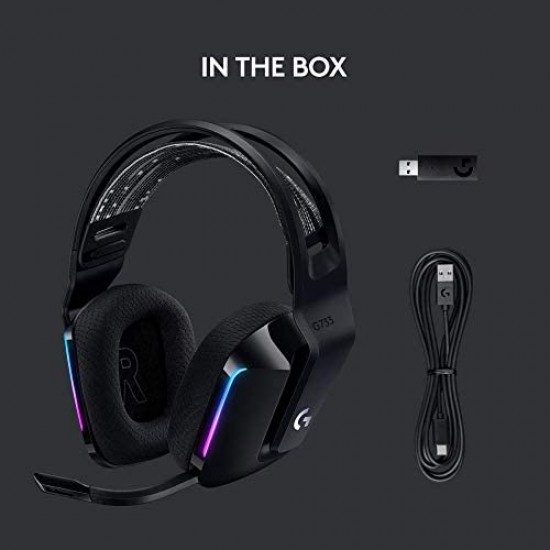Logitech G733 Lightspeed Wireless Gaming Headset with Suspension Headband, LIGHTSYNC RGB, Blue VO!CE mic Technology and PRO-G Audio Drivers - Black